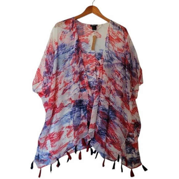 Steve Madden Boho Tassel Kimono Cover Up Geometric Red White Blue One Size NWT - Picture 2 of 9